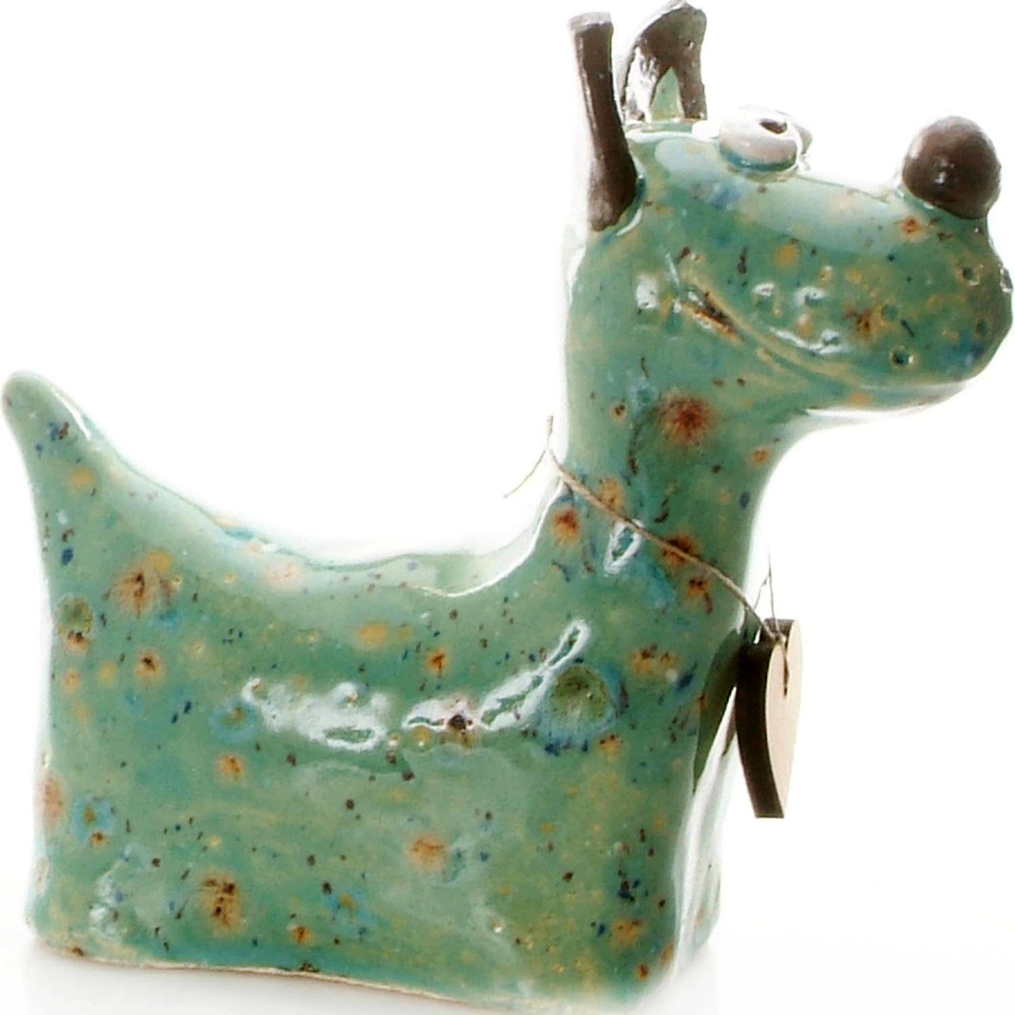 Terrier Dog with Wooden Heart Ceramic Figurine | Various Col: White
