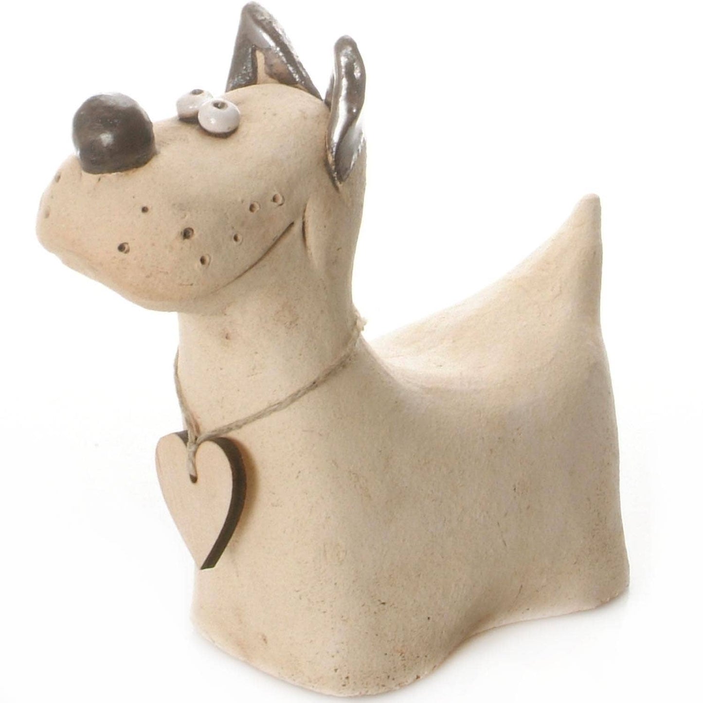 Terrier Dog with Wooden Heart Ceramic Figurine | Various Col: White