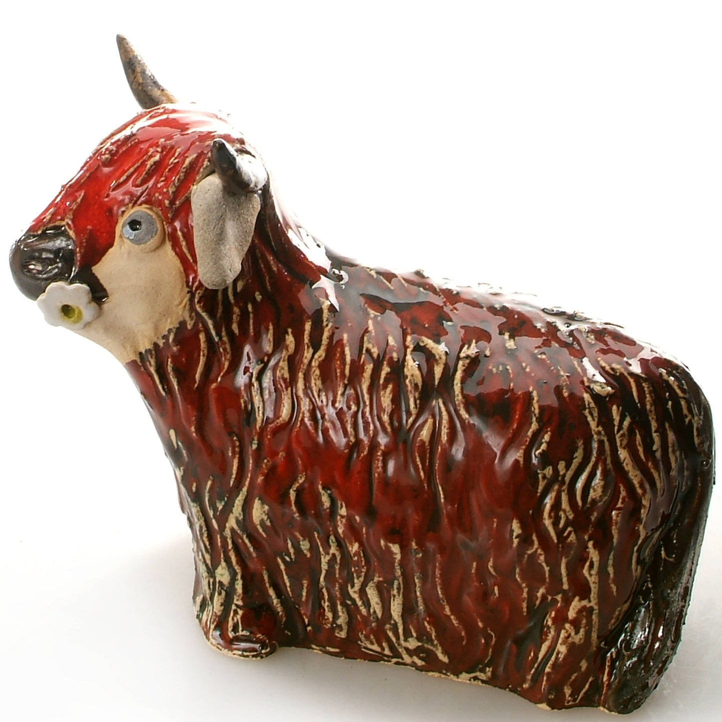 Highland Cow with Flower Ceramic Figurine | Various Colours: Natural
