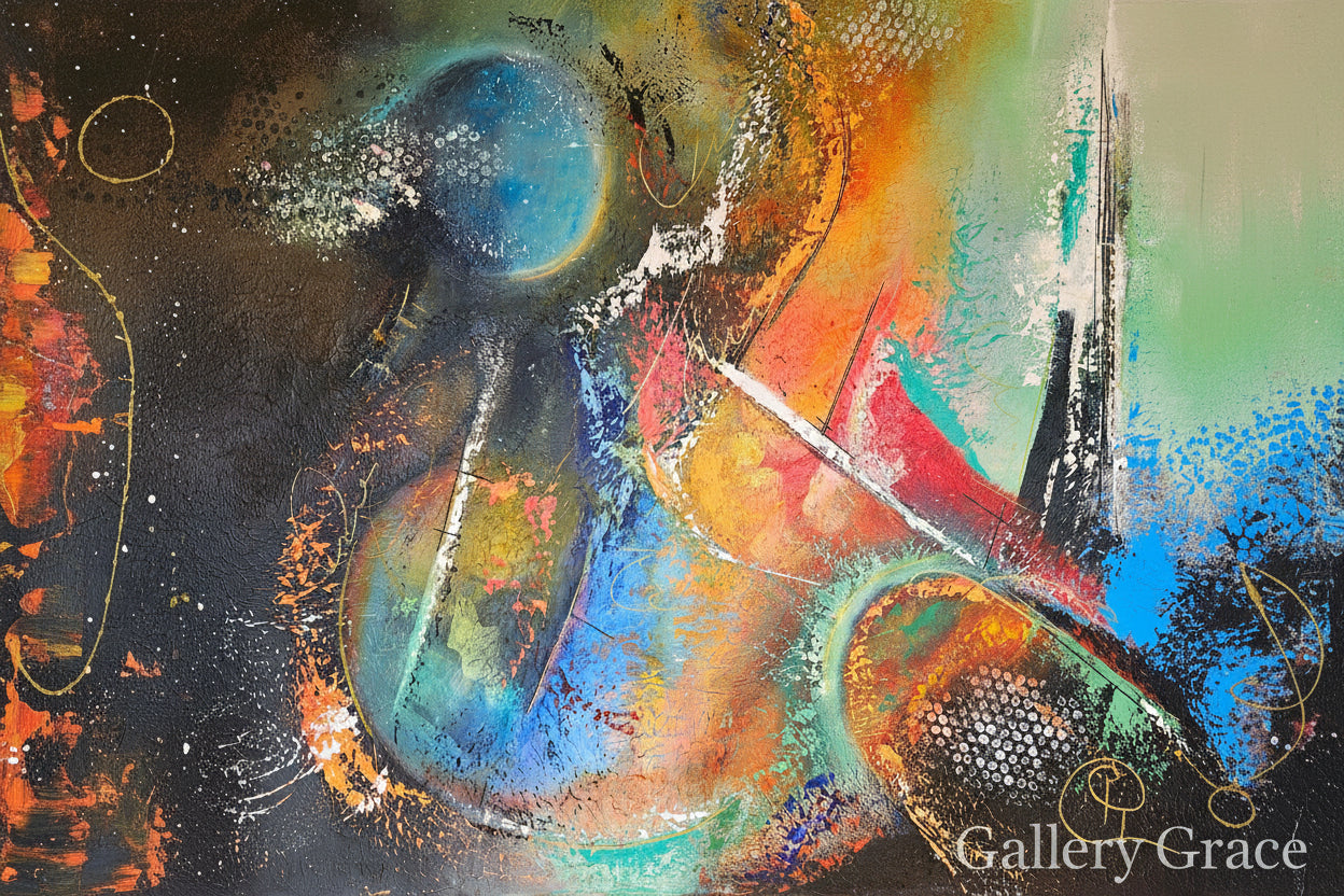 Cosmic Eiffel by Cat Tremaine-Tucker - The painting is a vibrant abstract painting featuring a dynamic interplay of colors and shapes. The composition includes swirling forms and bold brushstrokes, creating a sense of movement and energy.