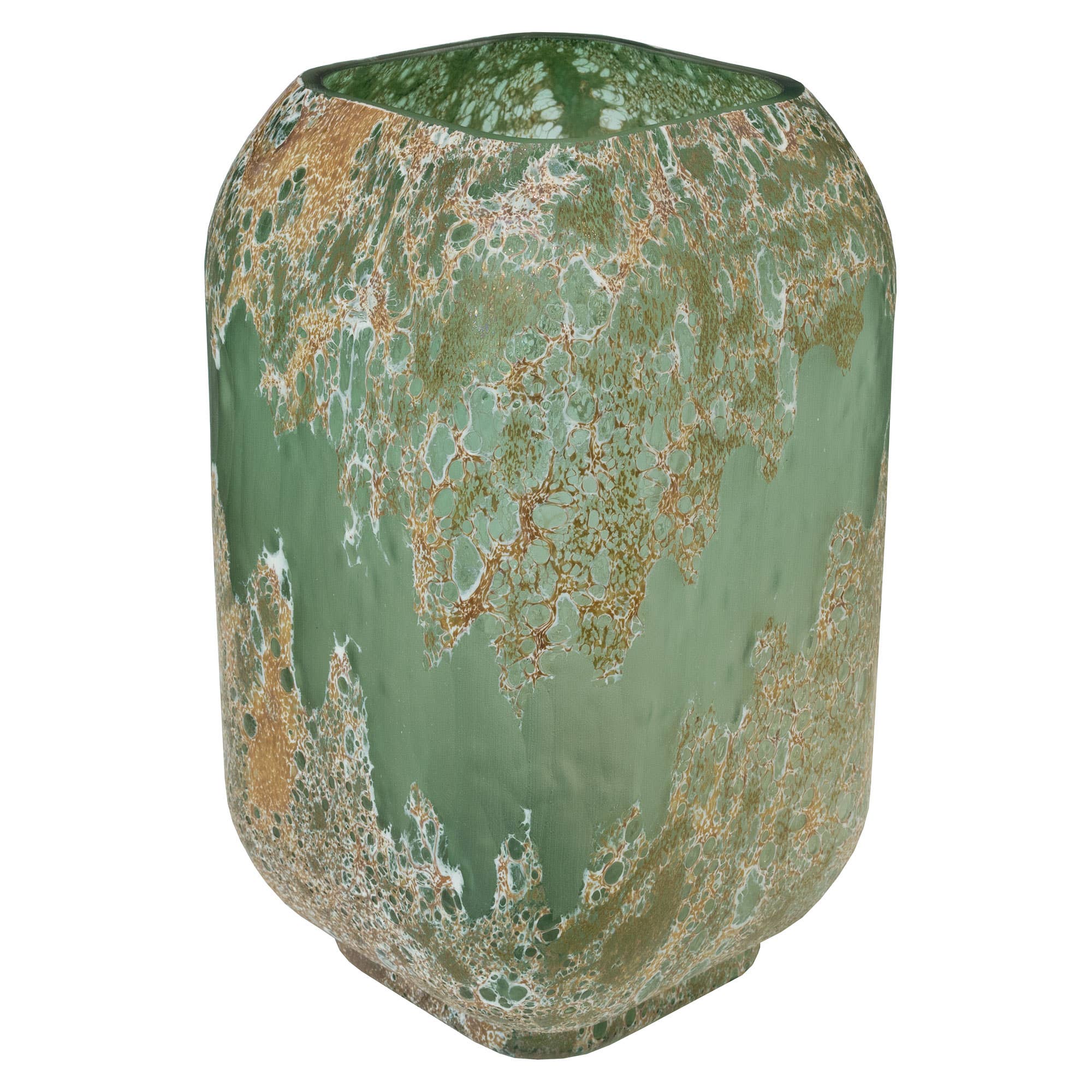Green ceramic vase with marbled pattern on a green background