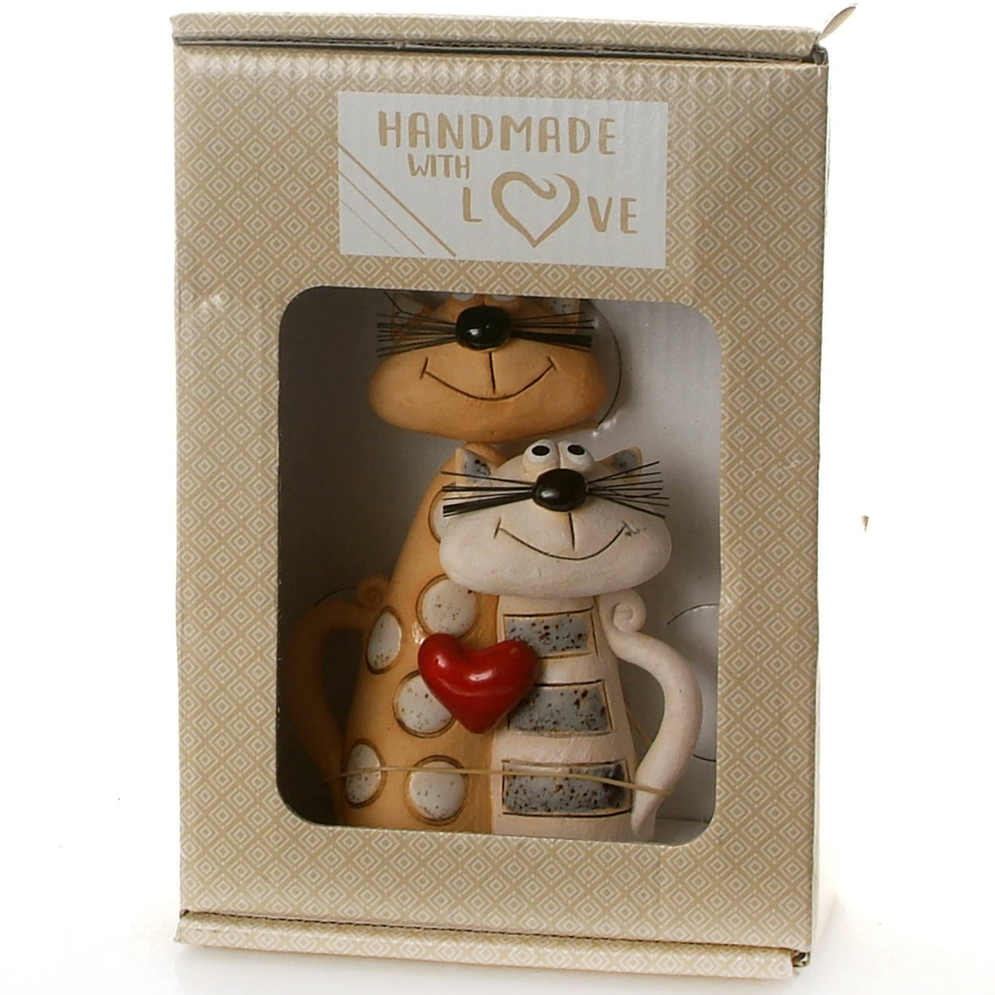 Handcrafted Ceramic Magical Cat Couple - Red Heart Accent