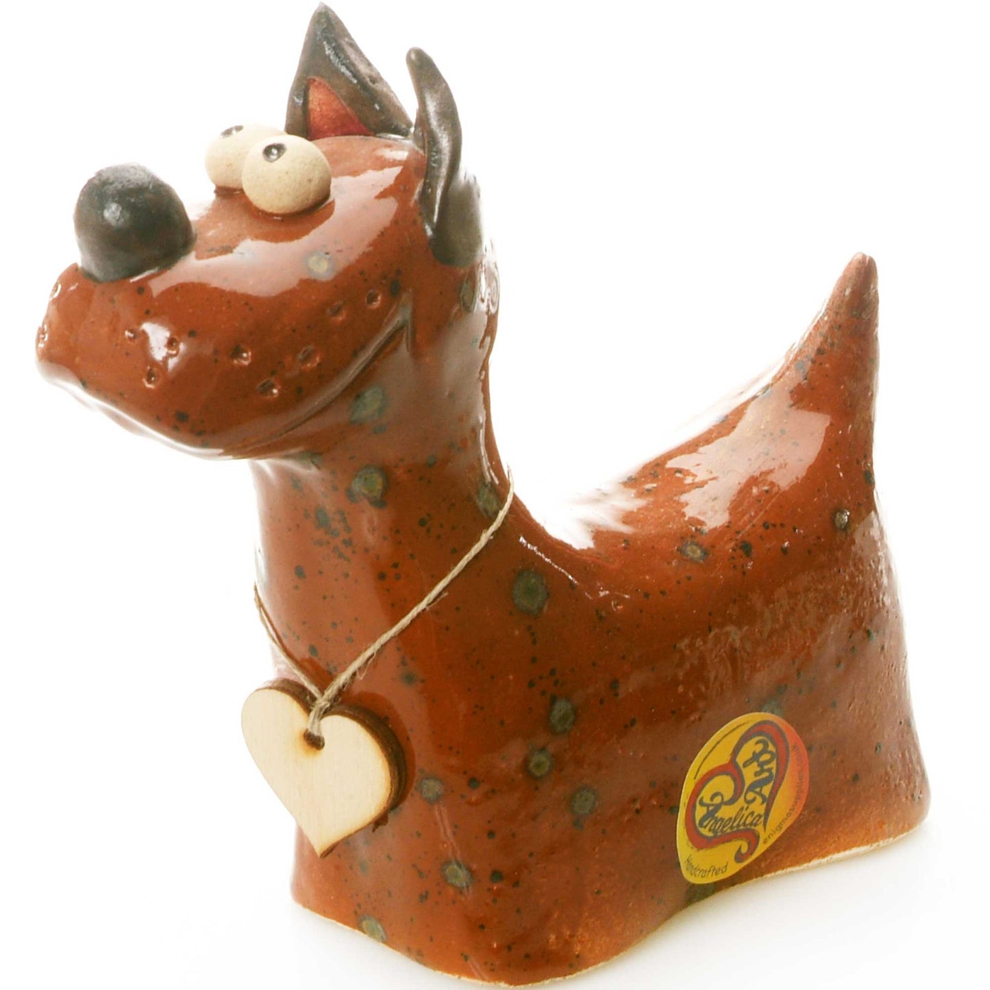 Terrier Dog with Wooden Heart Ceramic Figurine | Various Col: White