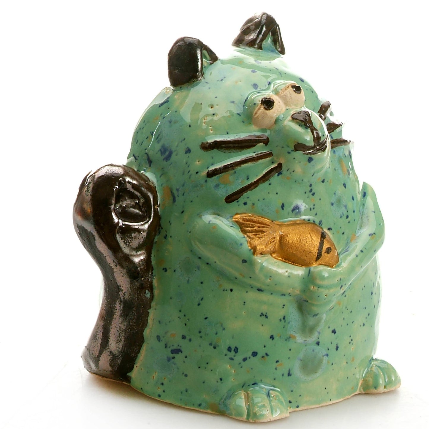 Maverick Cat Ceramic Figurine with Fish | Turquoise