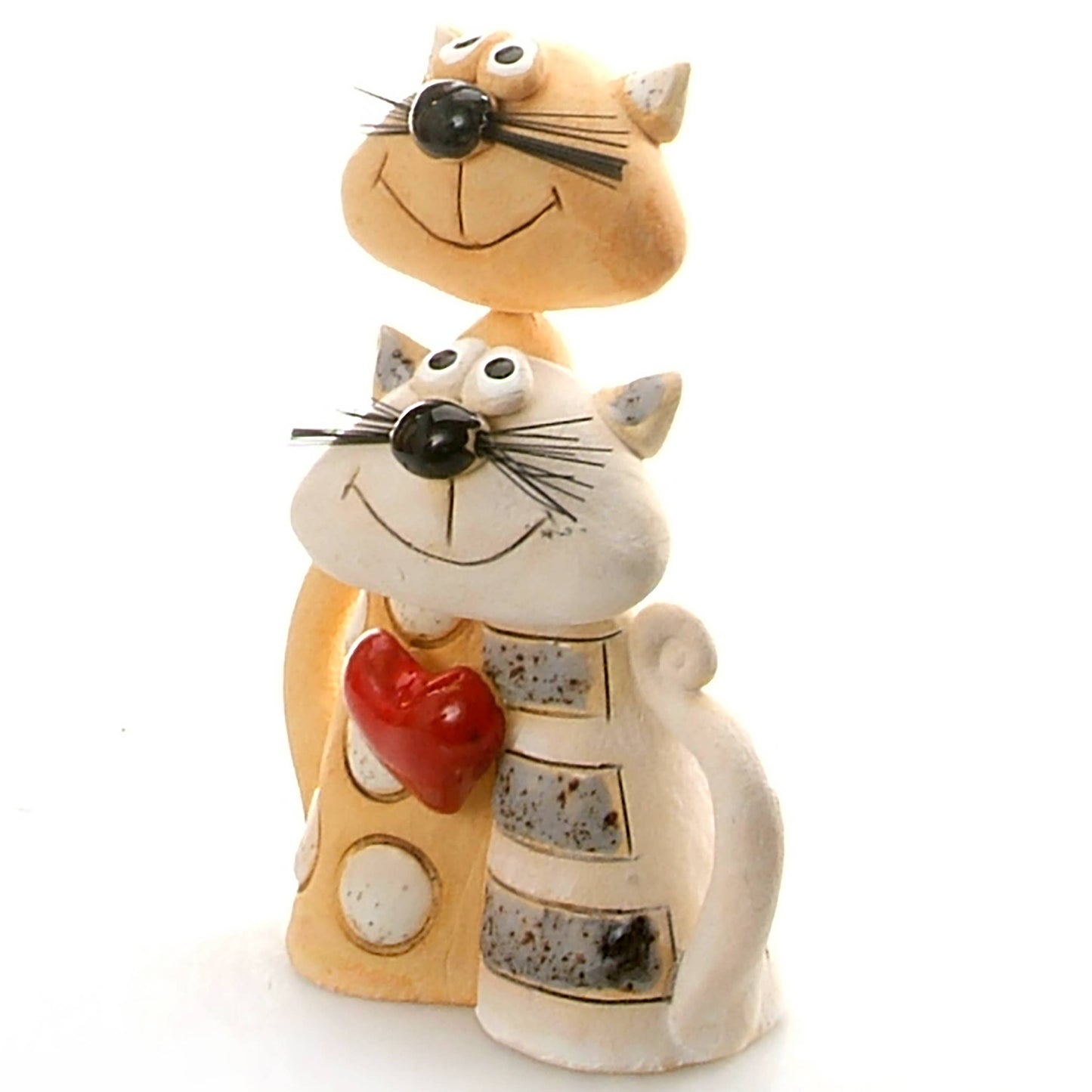 Handcrafted Ceramic Magical Cat Couple - Red Heart Accent