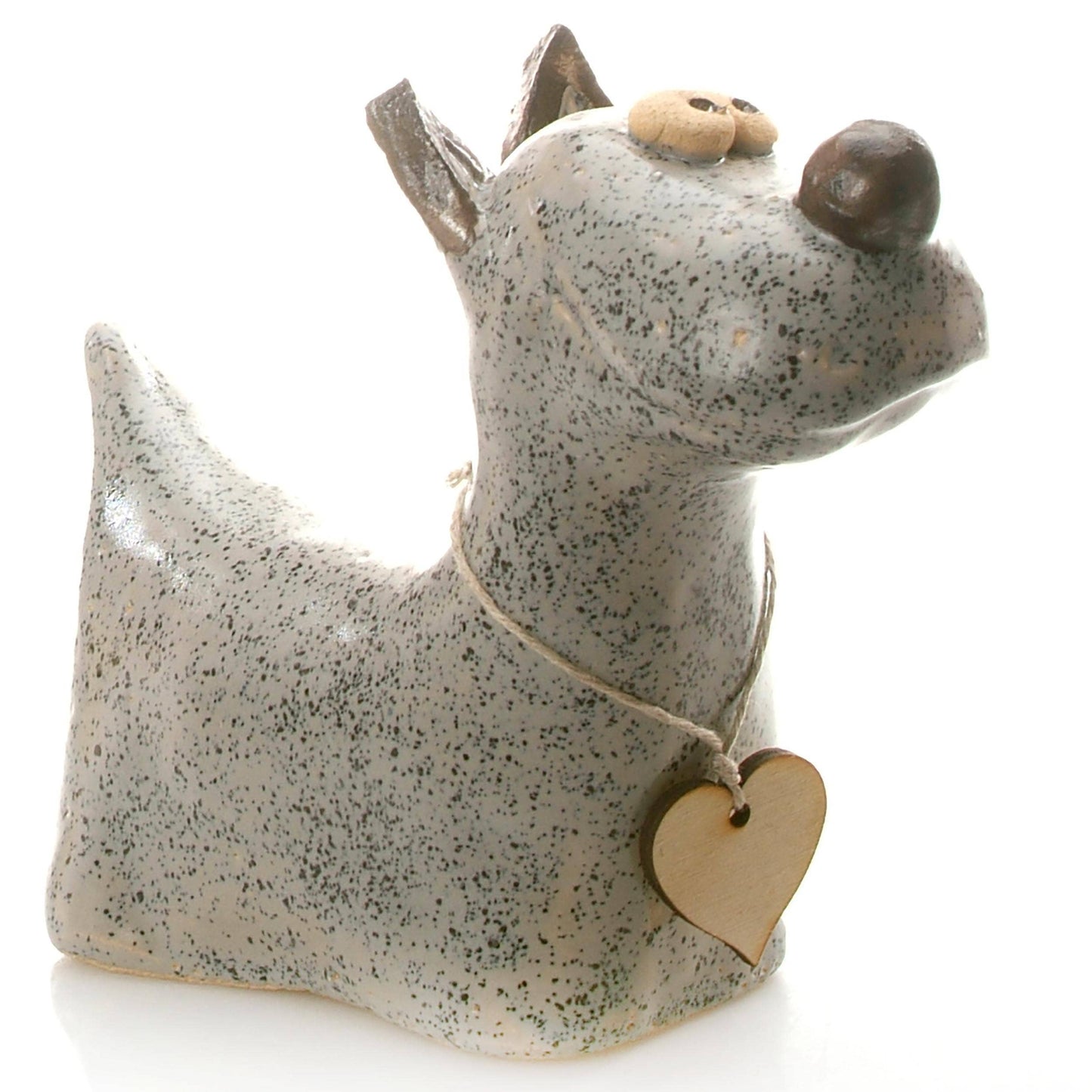 Terrier Dog with Wooden Heart Ceramic Figurine | Various Col: White