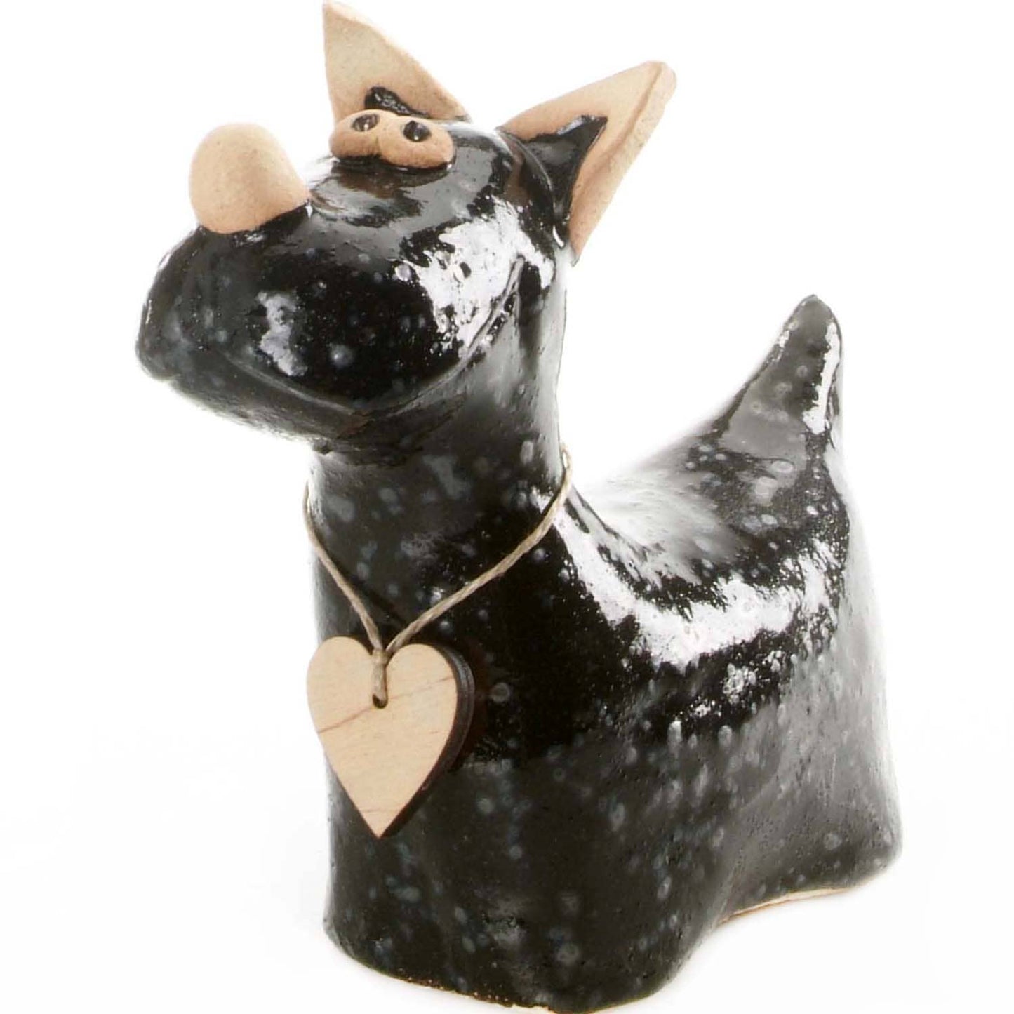 Terrier Dog with Wooden Heart Ceramic Figurine | Various Col: White
