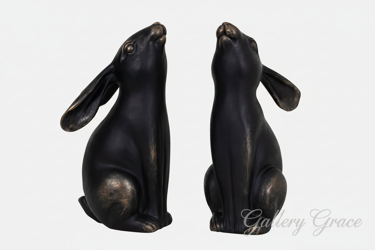 Bronze Hare Pair Sculpture: Bronze w/antique gold / 40%polyresin, 60%limestone