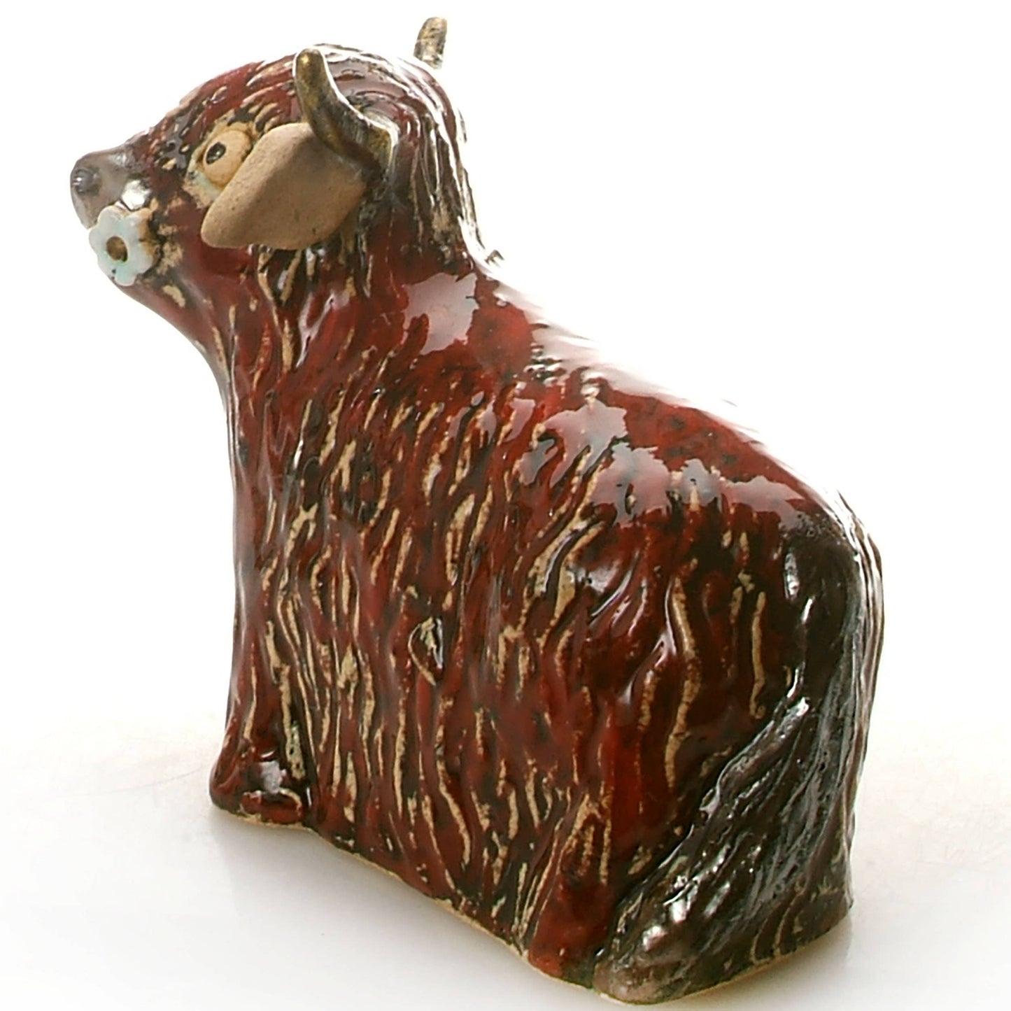 Highland Cow with Flower Ceramic Figurine | Various Colours: Natural