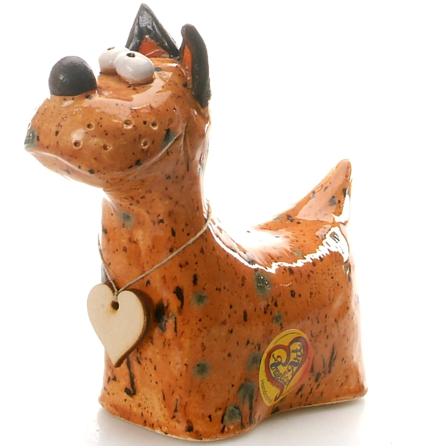 Terrier Dog with Wooden Heart Ceramic Figurine | Various Col: White