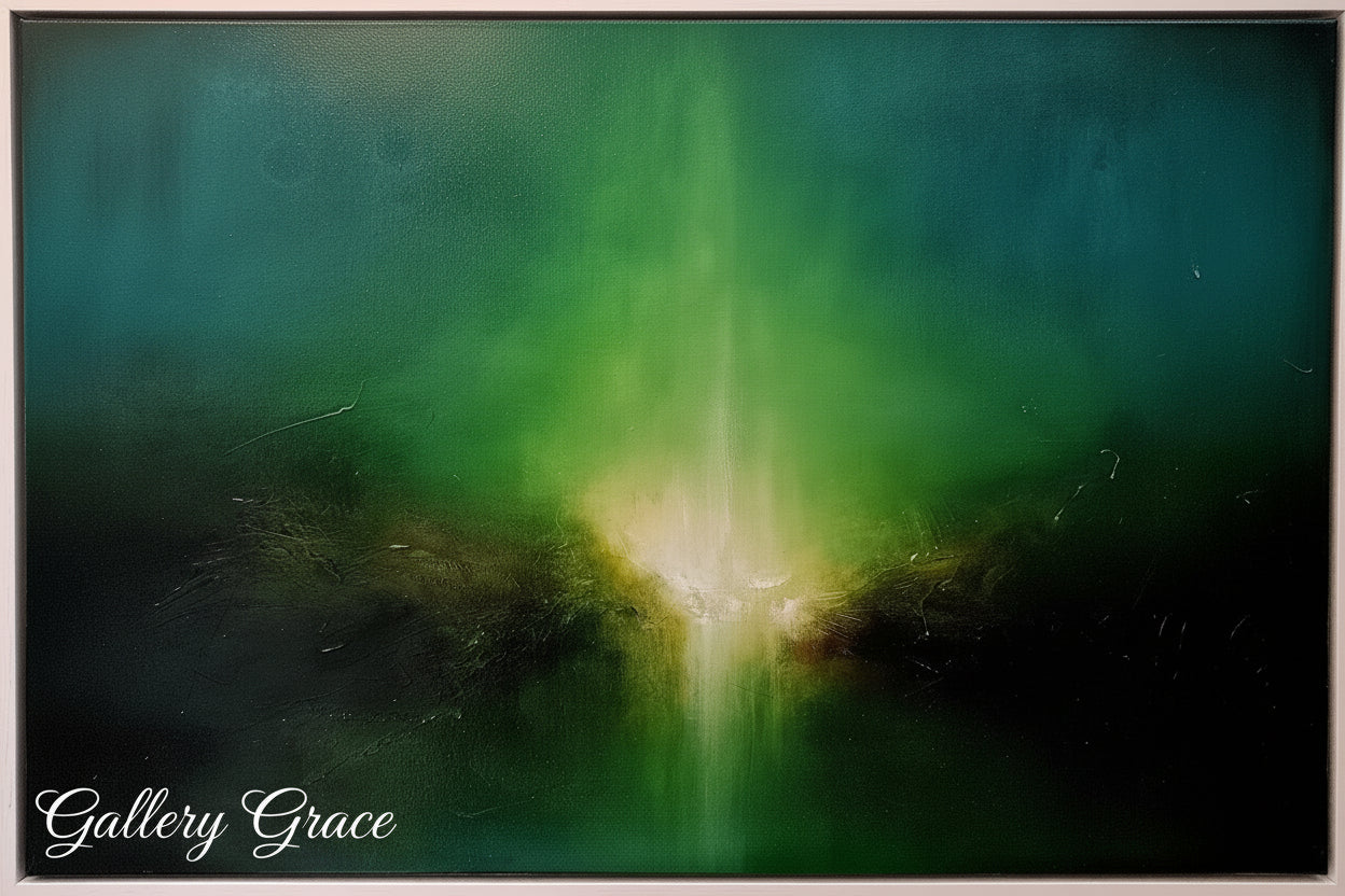 Abstract artwork with a central light source and 'Gallery Grace' branding.