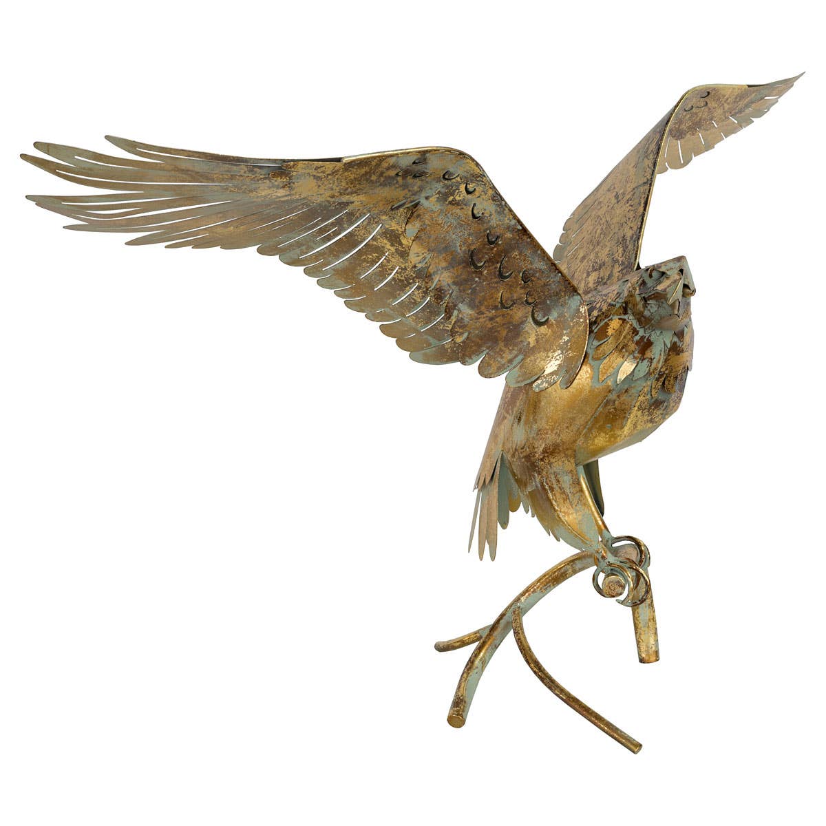 Bronze sculpture of a bird in flight on a white background