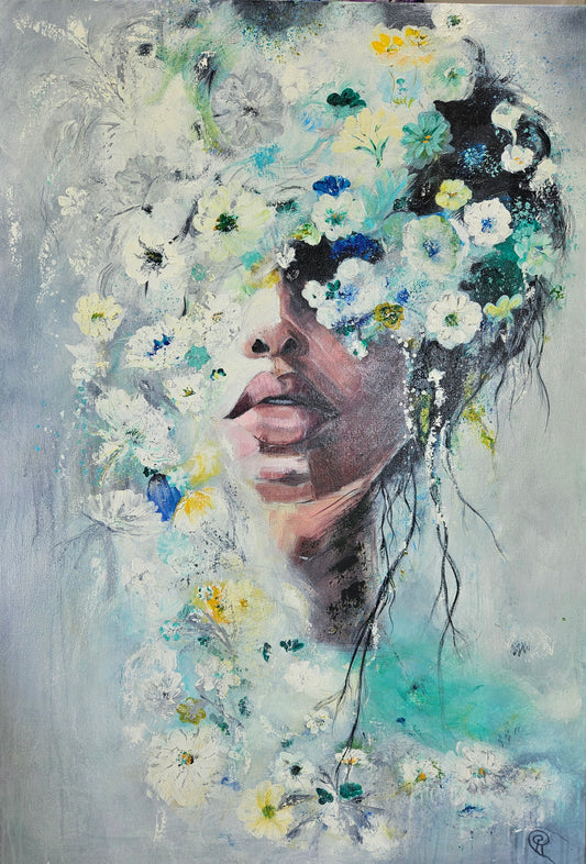 Floral Visage by Cat Tremaine-Tucker - a partially visible face in acrylics and finished in an oil glaze.