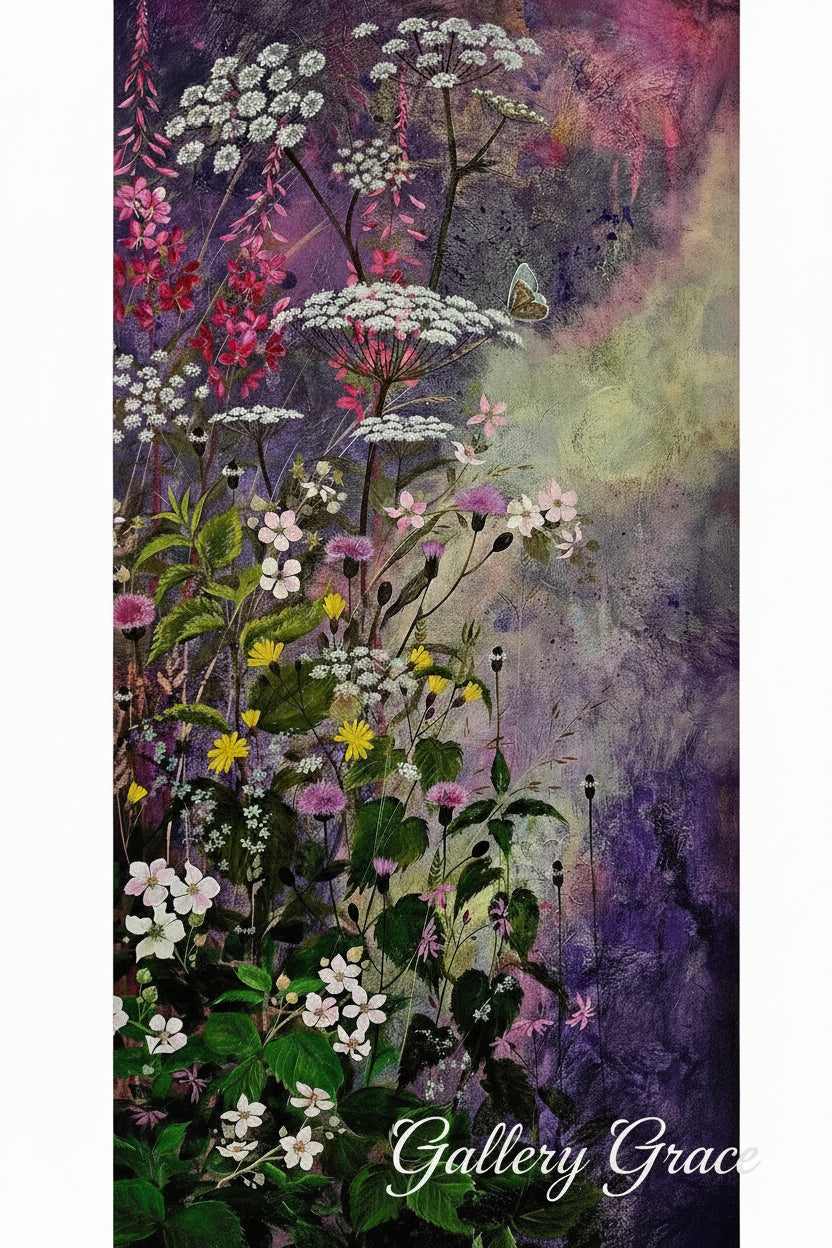Colorful floral design with a butterfly on a dark background, featuring the brand 'Gallery Grace'.