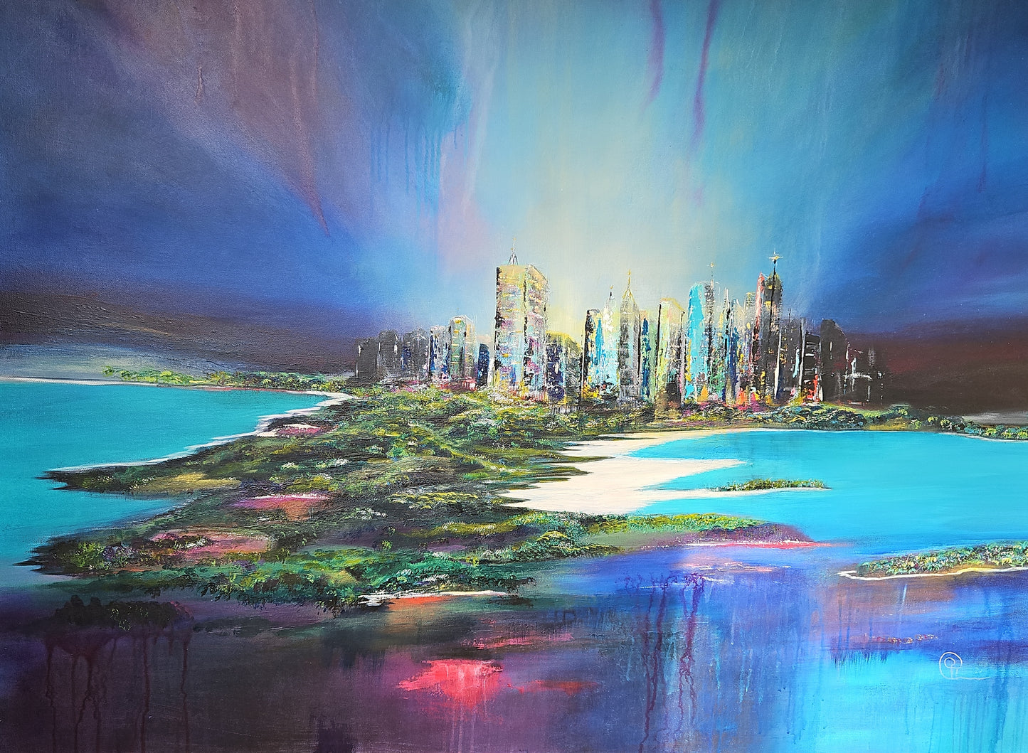 Vibrant Metropolis by Cat Tremaine-Tucker -  The painting is a vibrant and abstract painting of a cityscape. The city is depicted with tall, colorful skyscrapers that are illuminated against a vivid blue and purple sky