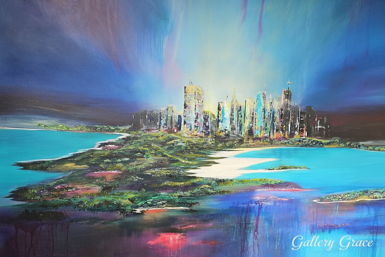 Vibrant Metropolis by Cat Tremaine-Tucker - The painting is a vibrant and abstract painting of a cityscape. The city is depicted with tall, colorful skyscrapers that are illuminated against a vivid blue and purple sky