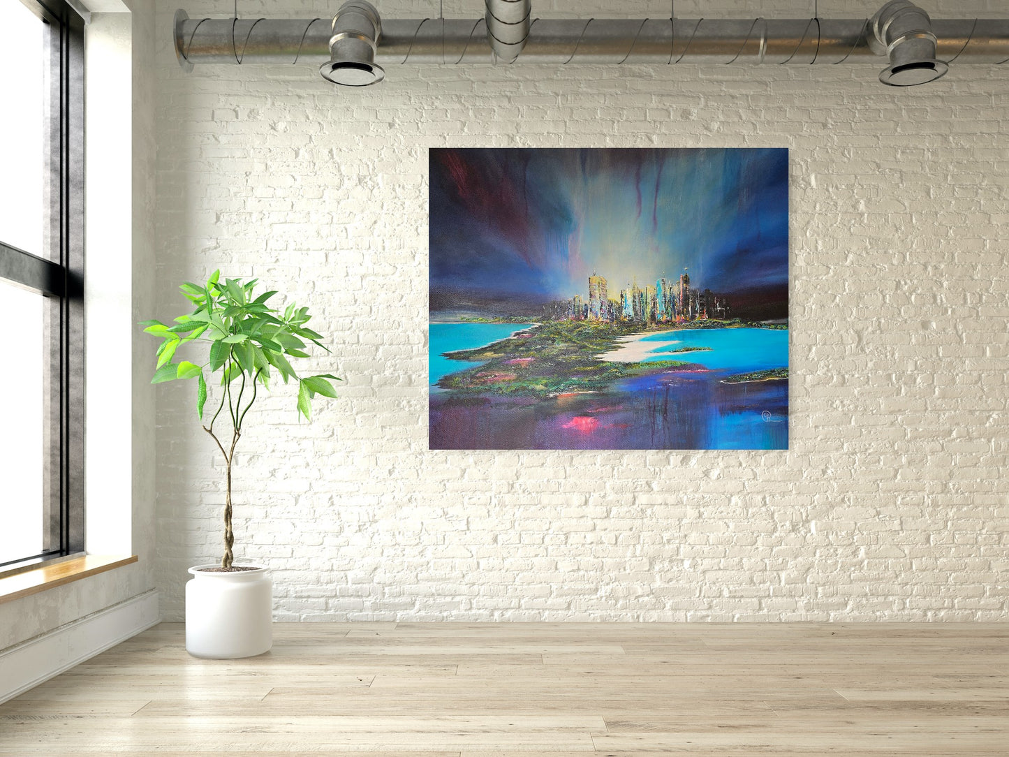 Vibrant Metropolis by Cat Tremaine-Tucker -  The painting is a vibrant and abstract painting of a cityscape. The city is depicted with tall, colorful skyscrapers that are illuminated against a vivid blue and purple sky