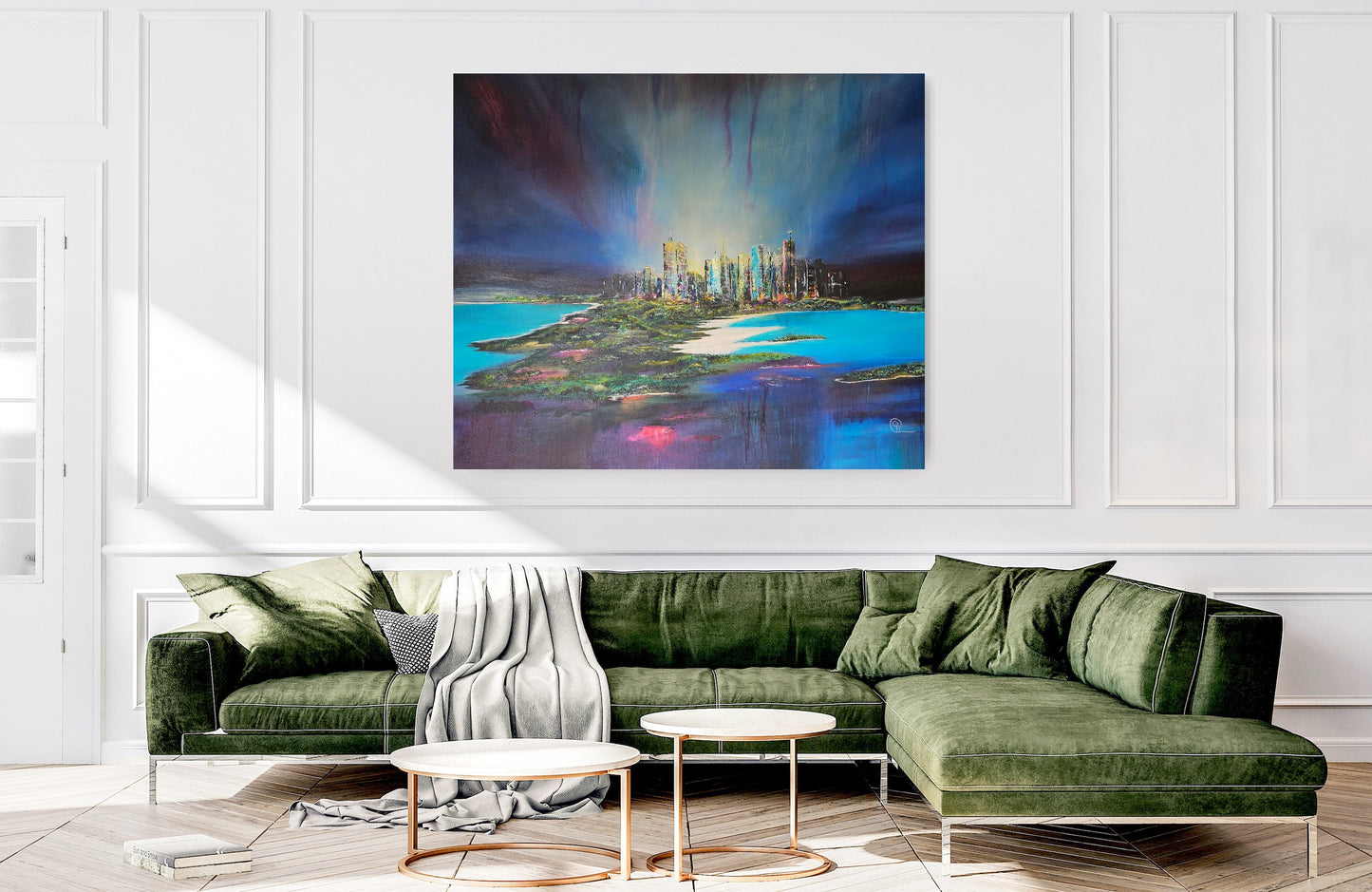 Vibrant Metropolis by Cat Tremaine-Tucker -  The painting is a vibrant and abstract painting of a cityscape. The city is depicted with tall, colorful skyscrapers that are illuminated against a vivid blue and purple sky