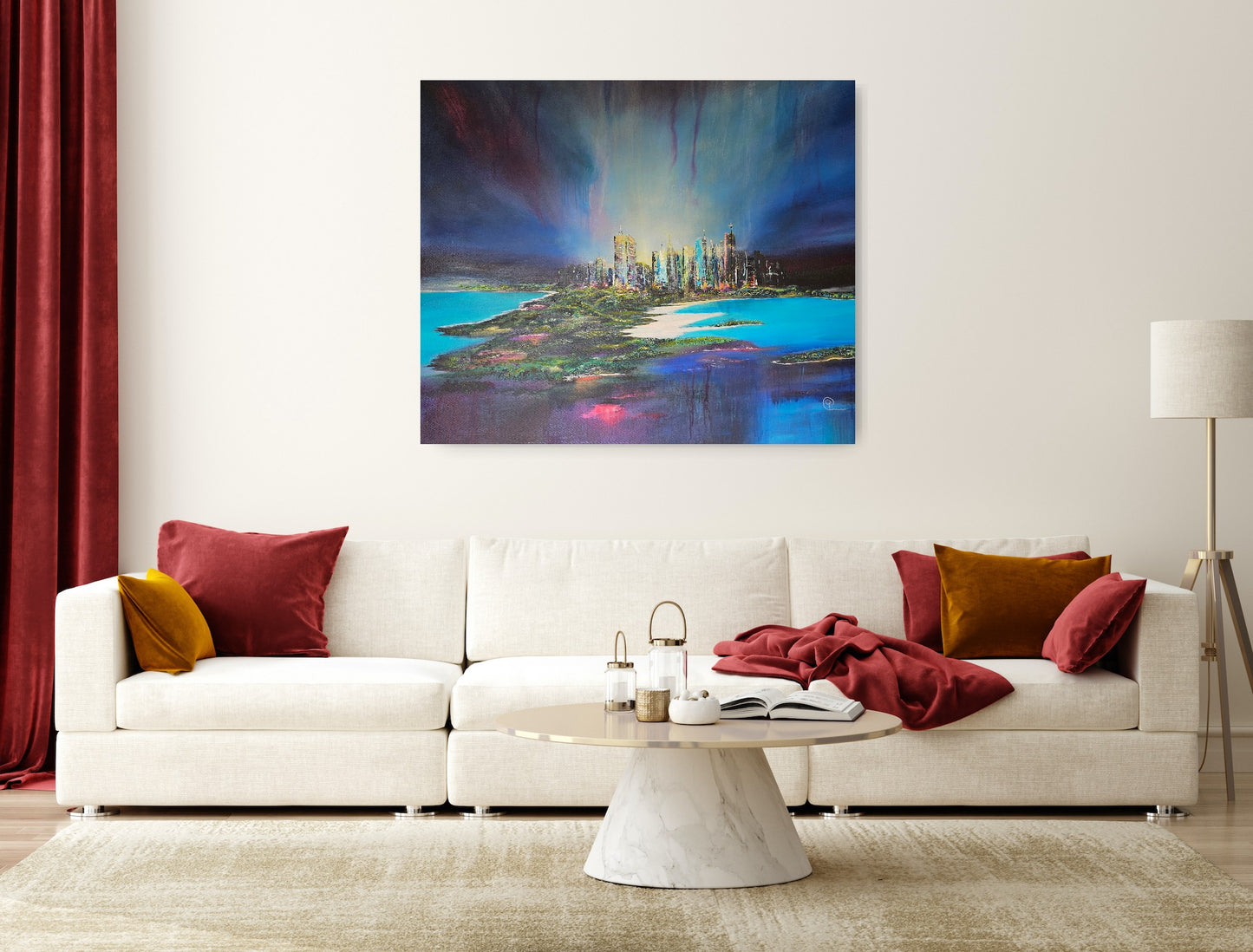 Vibrant Metropolis by Cat Tremaine-Tucker -  The painting is a vibrant and abstract painting of a cityscape. The city is depicted with tall, colorful skyscrapers that are illuminated against a vivid blue and purple sky