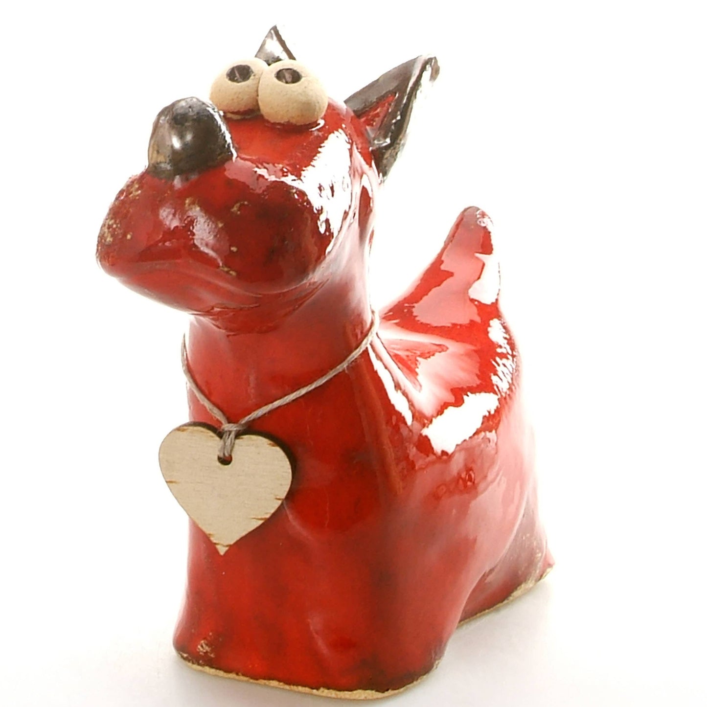 Terrier Dog with Wooden Heart Ceramic Figurine | Various Col: White
