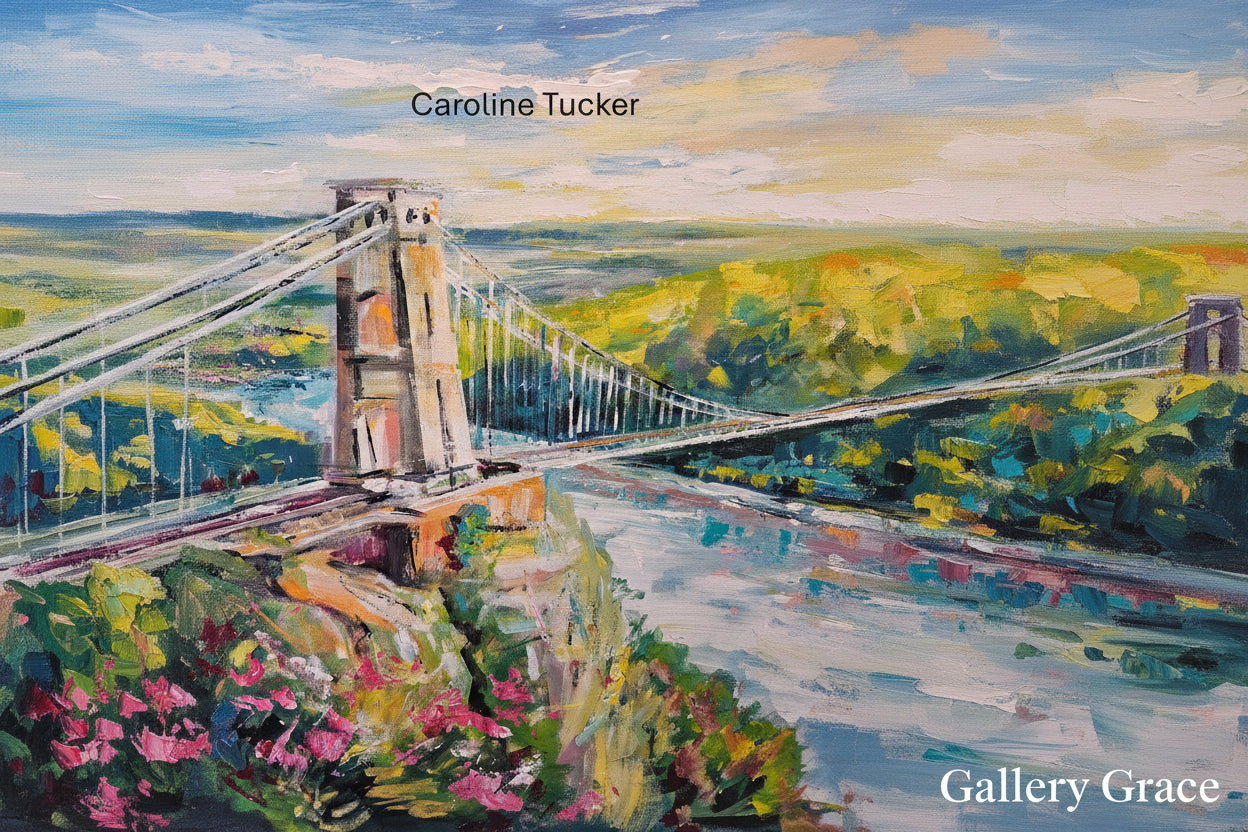 Painting of a suspension bridge with scenic landscape, artist 'Caroline Tucker', and 'Gallery Grace' text.