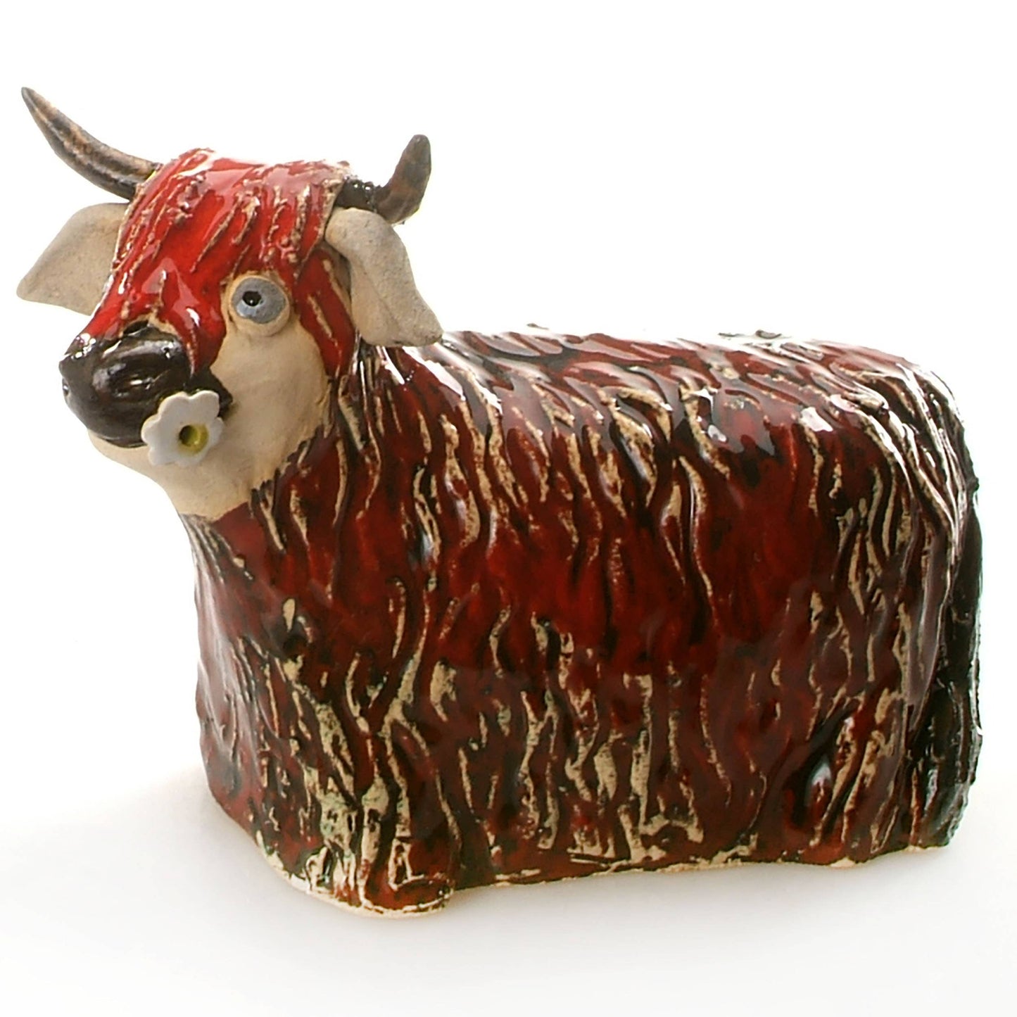 Highland Cow with Flower Ceramic Figurine | Various Colours: Natural