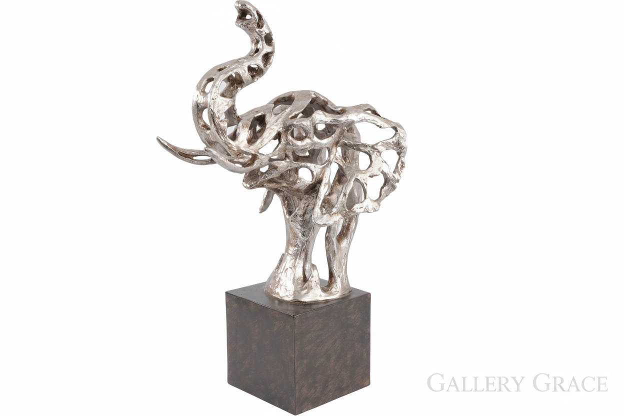 Addo Abstract Elephant Head Sculpture in Silver Resin