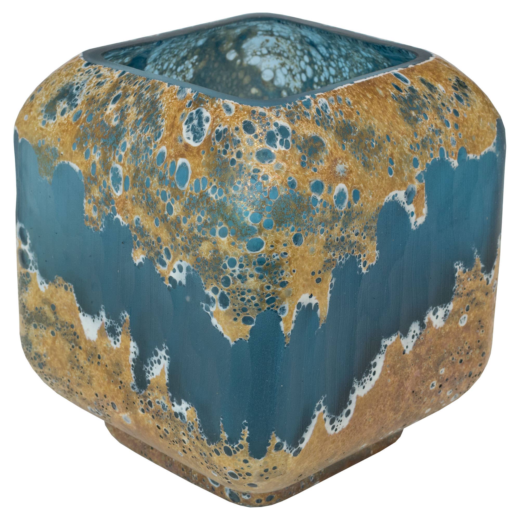 Decorative vase with white and brown speckled pattern on a blue background