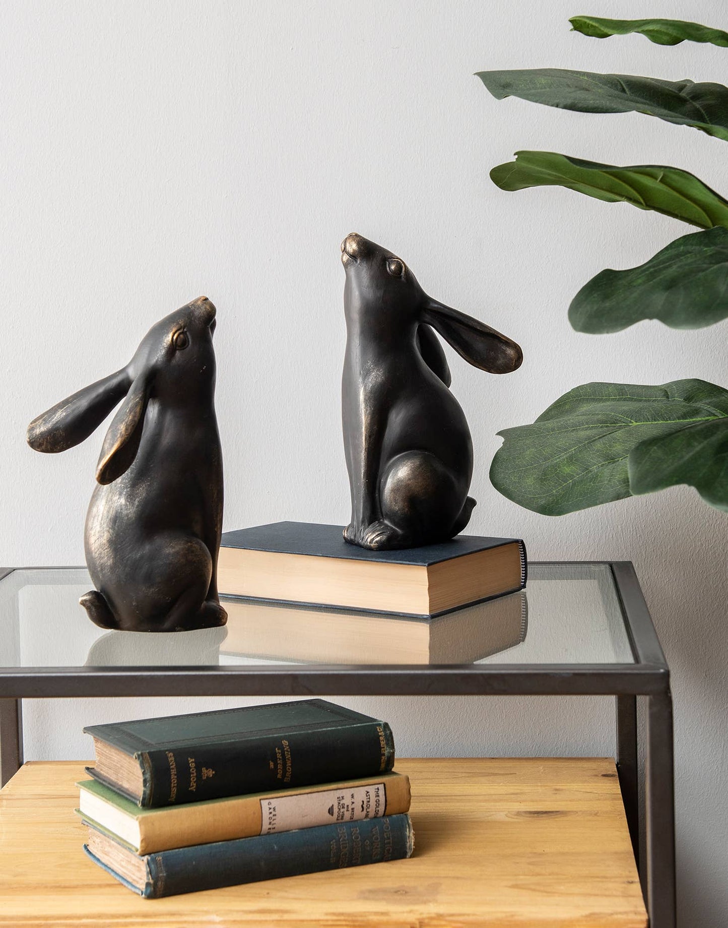 Bronze Hare Pair Sculpture: Bronze w/antique gold / 40%polyresin, 60%limestone