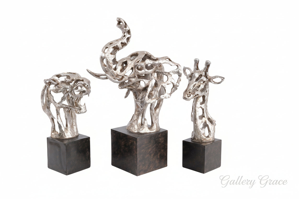 Addo Abstract Elephant Head Sculpture in Silver Resin