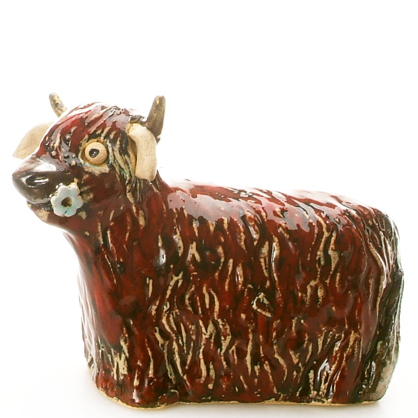 Highland Cow with Flower Ceramic Figurine | Various Colours: Ginger