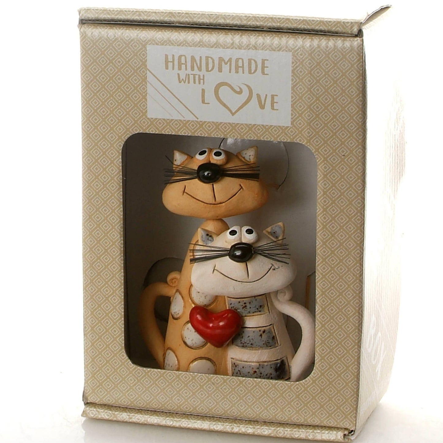 Handcrafted Ceramic Magical Cat Couple - Red Heart Accent