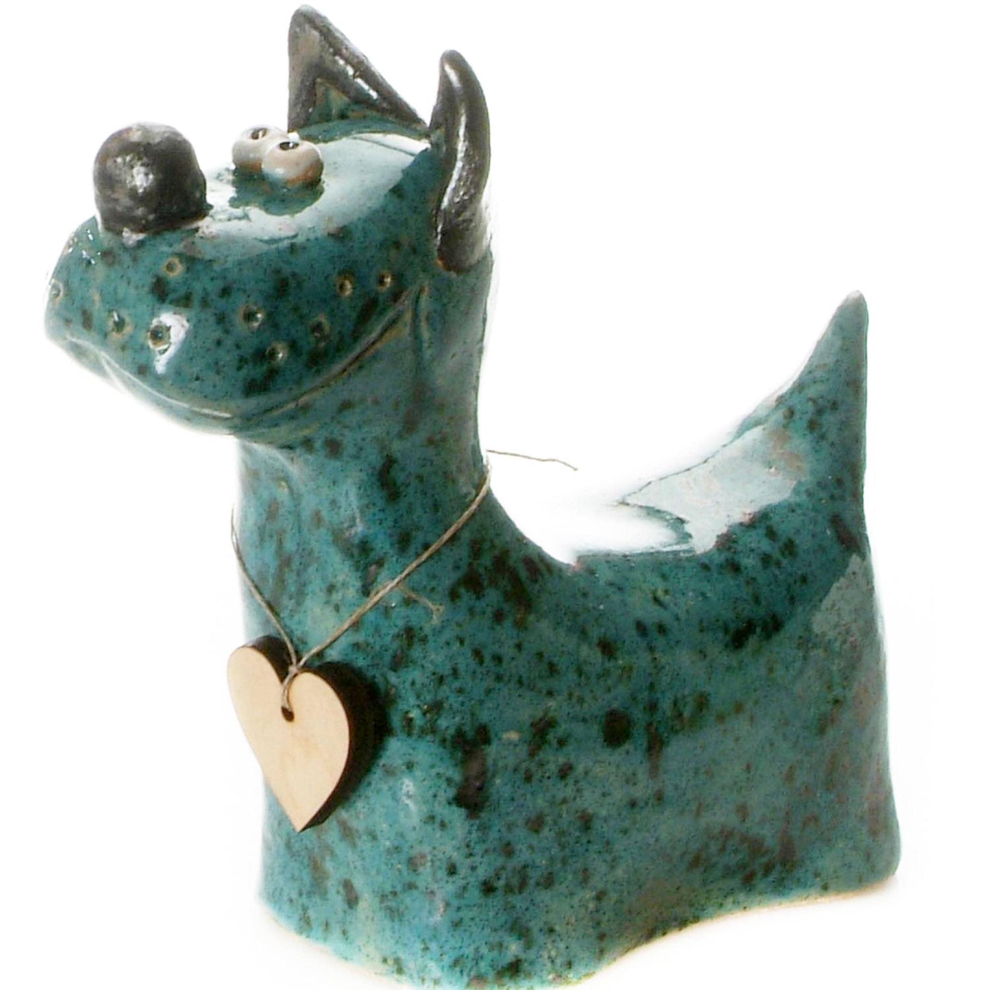 Terrier Dog with Wooden Heart Ceramic Figurine | Various Col: White