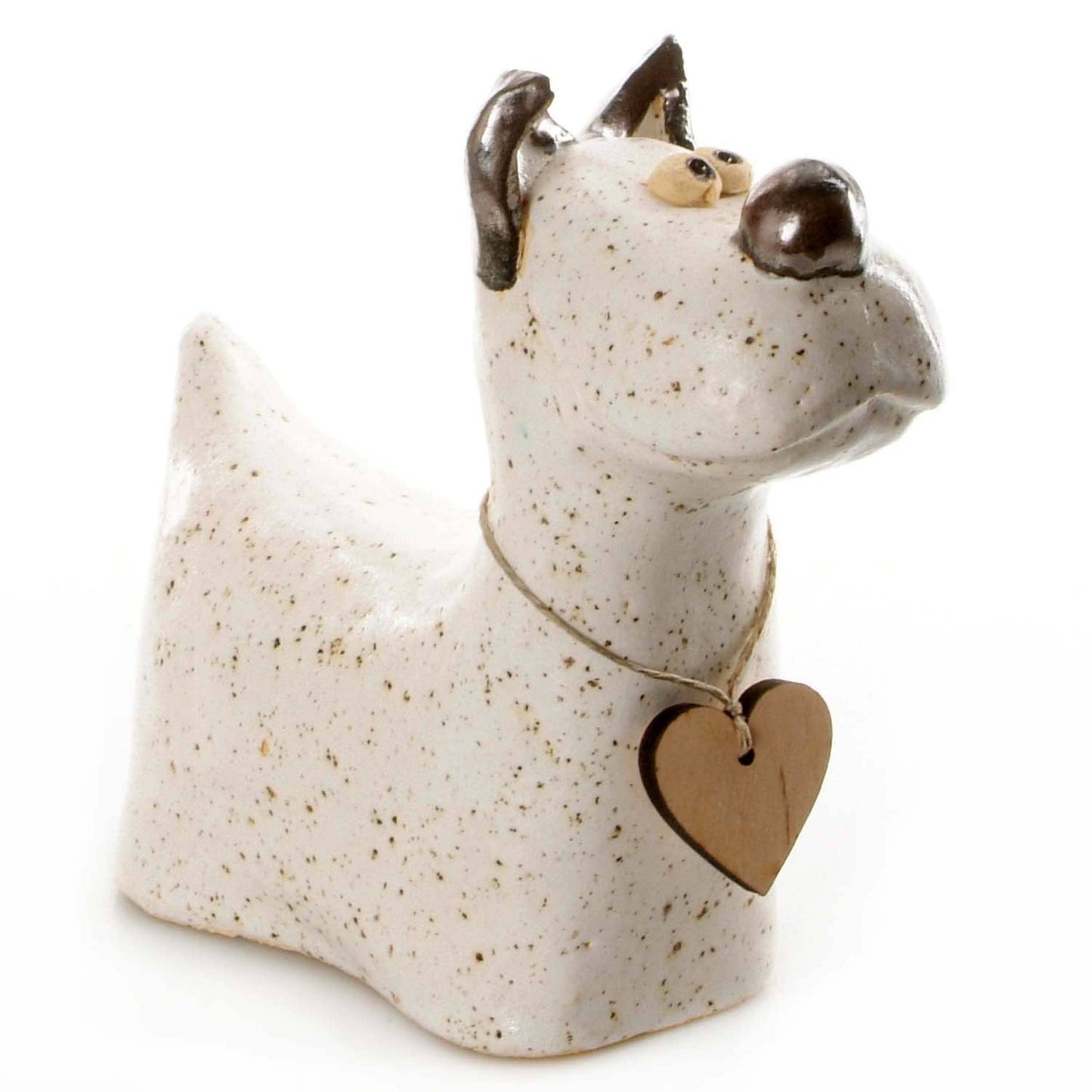 Terrier Dog with Wooden Heart Ceramic Figurine | Various Col: White