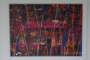 Abstract art painting with vibrant colors on a dark background, framed by Gallery Grace.