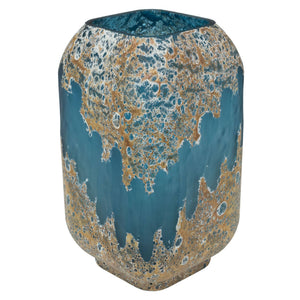 Decorative vase with white and brown speckled pattern on a blue background