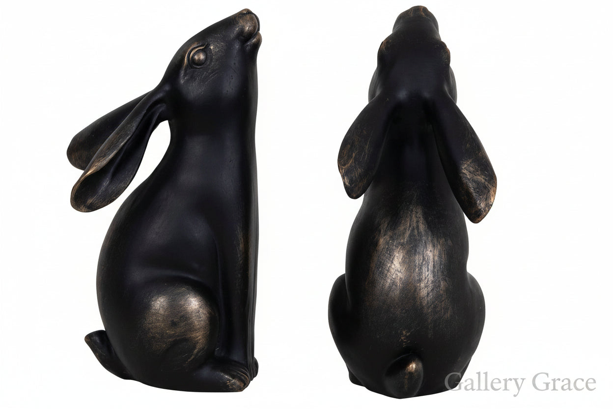 Bronze Hare Pair Sculpture: Bronze w/antique gold / 40%polyresin, 60%limestone