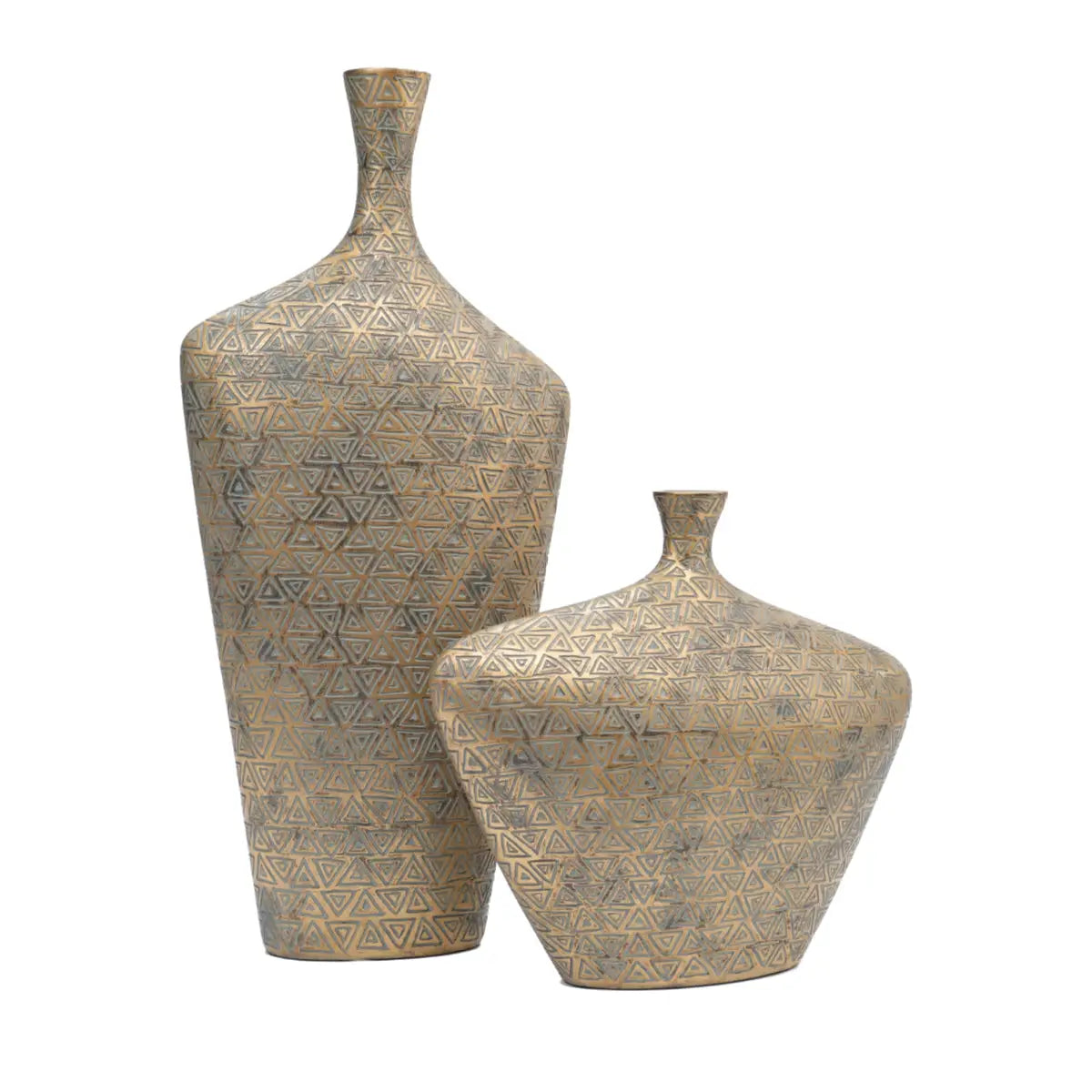 Two decorative vases with geometric patterns on a white background