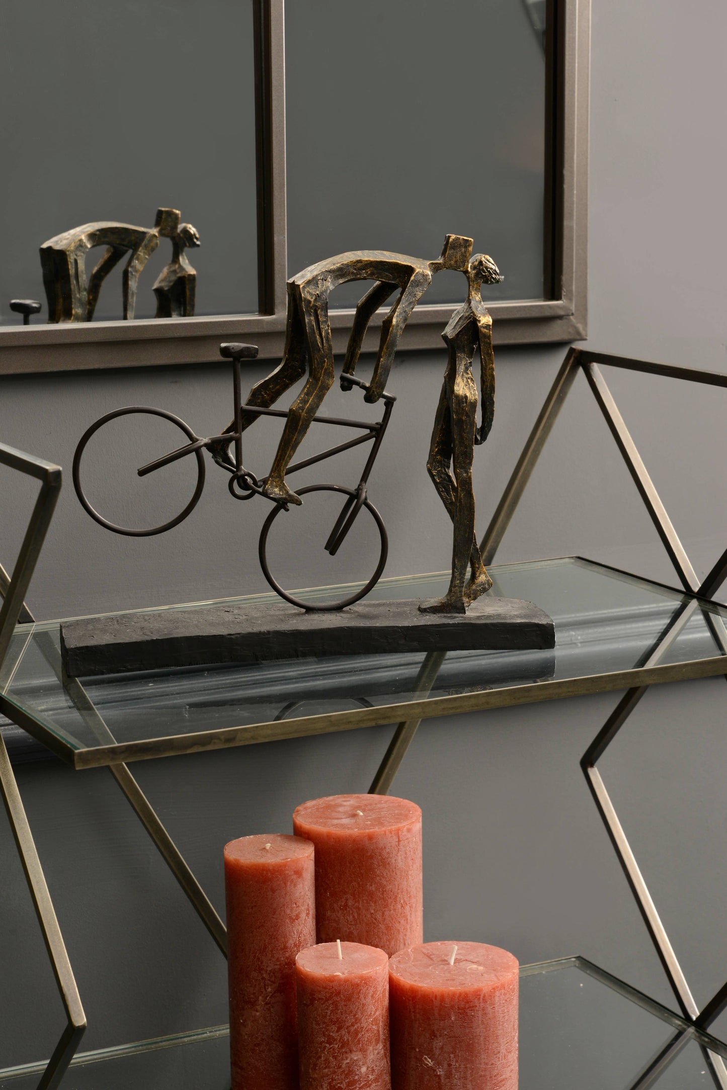 Antique Bronze Kissing Couple On Bike Sculpture: Bronze / 54% Stone; 36% Polyresin; 10% Iron