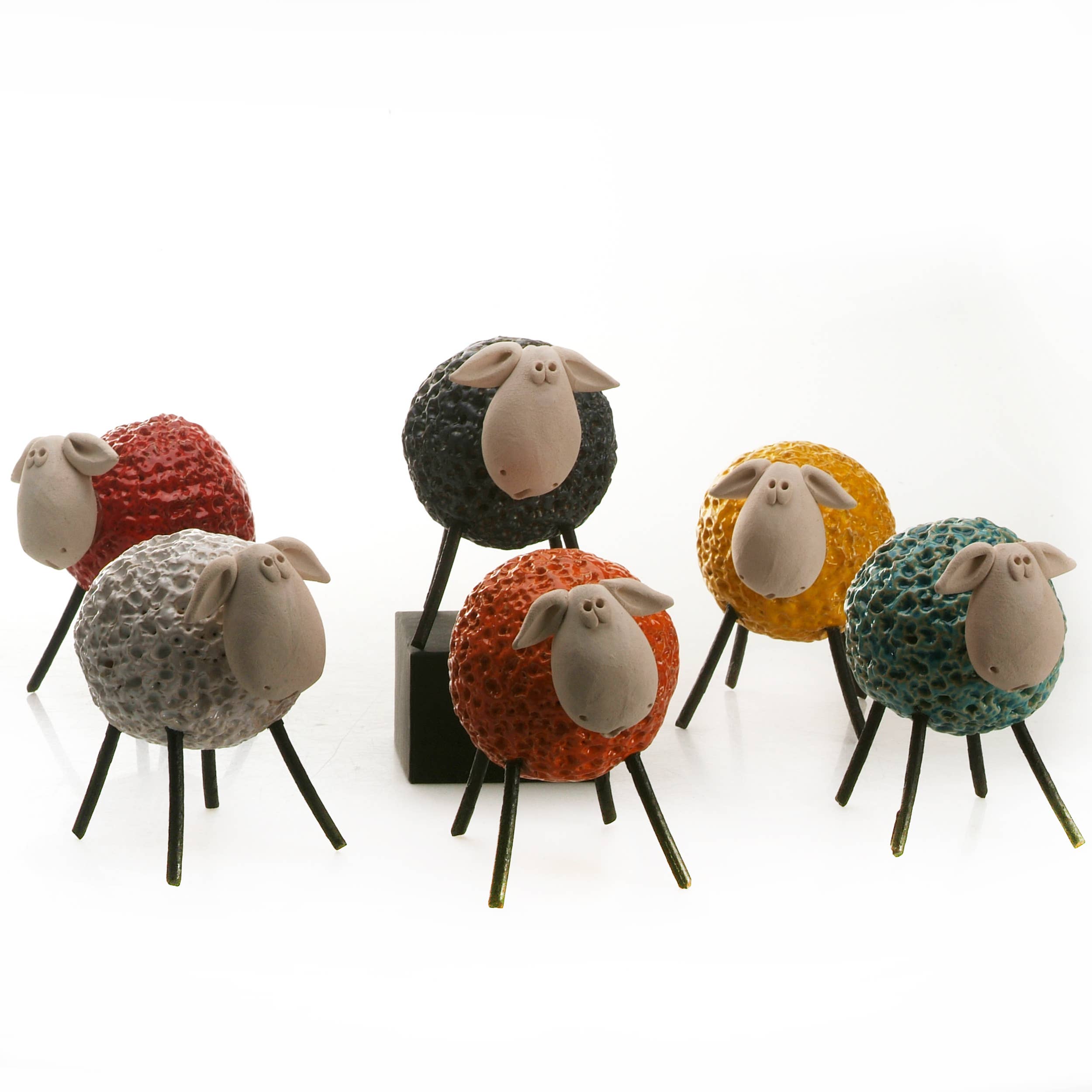 Woolly Sheep with Iron Legs Ceramic Figurine Various Colours: Orange