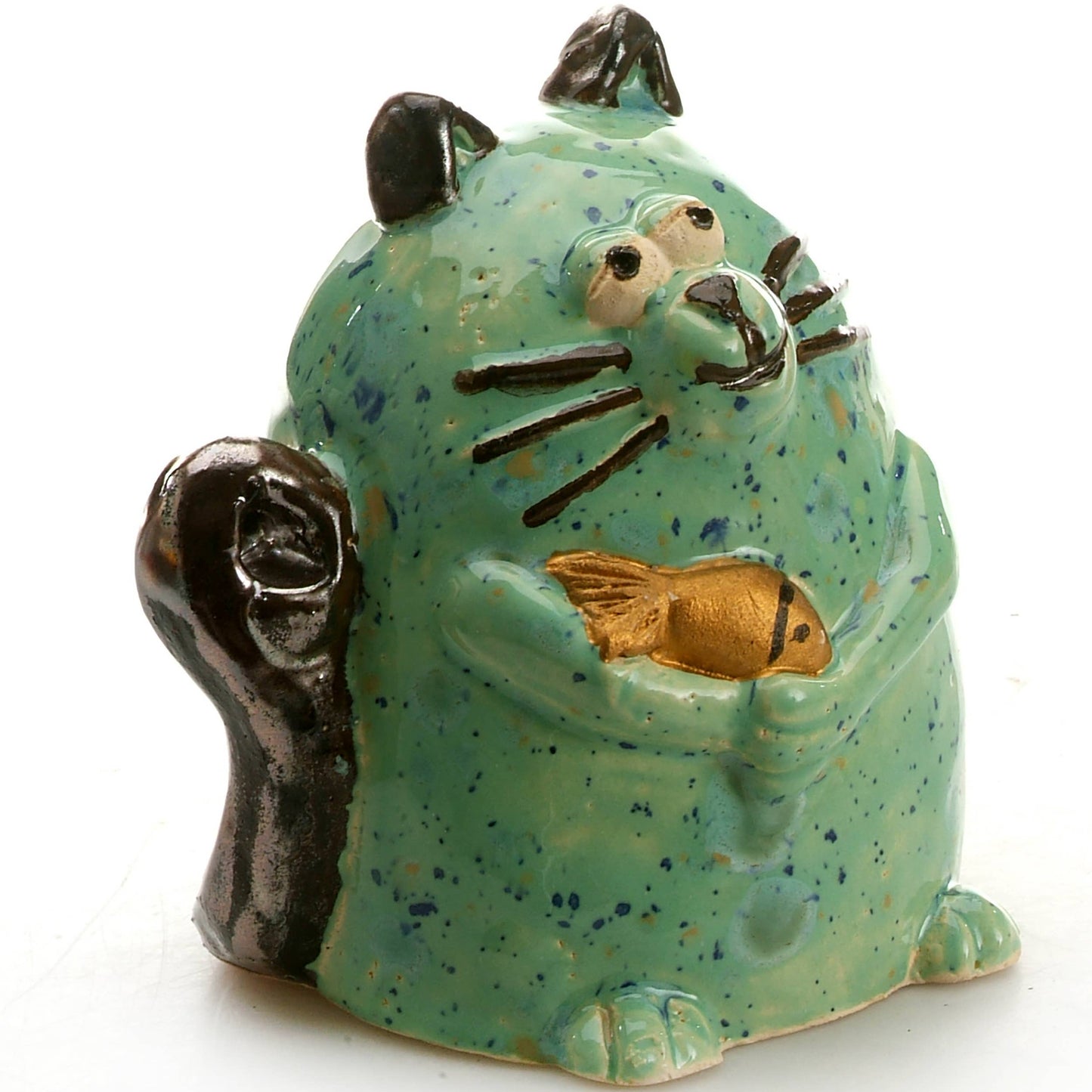 Maverick Cat Ceramic Figurine with Fish | Turquoise
