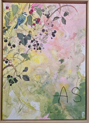 Artistic depiction of a bird among flowers and leaves with a soft, pastel color palette.