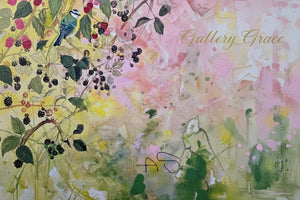 Artistic depiction of nature with birds, flowers, and berries on a colorful background with 'Gallery Grace' branding.