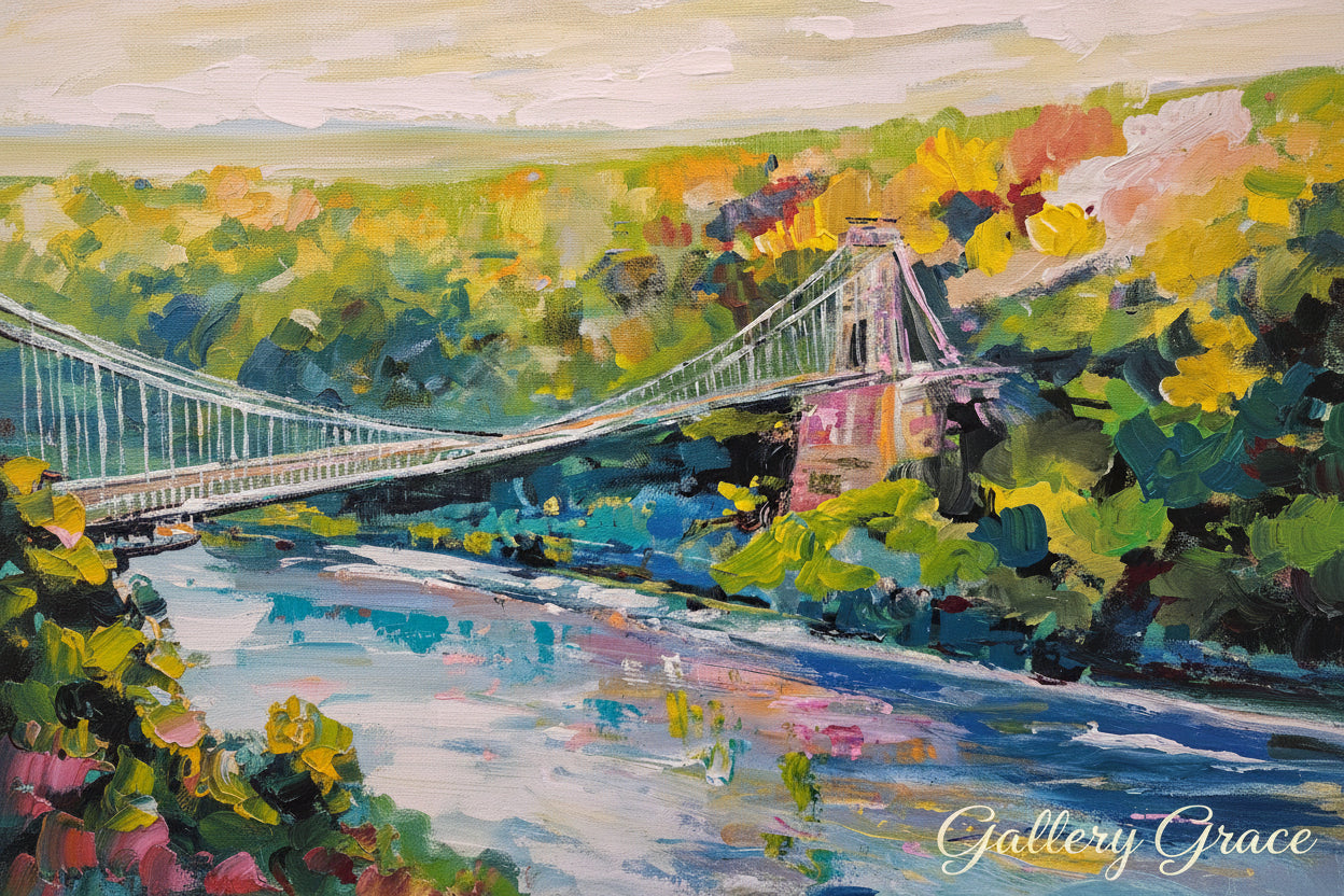 Colorful painting of a suspension bridge over water with trees and sky.