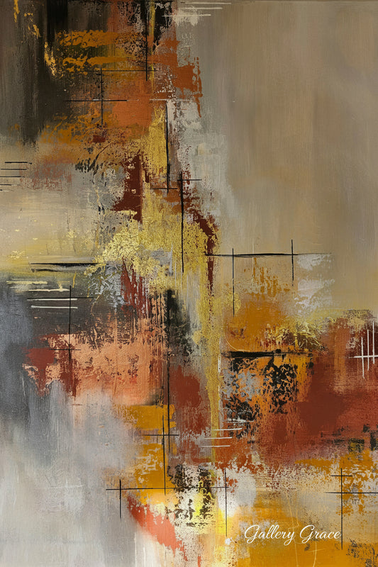 Abstract art painting with a mix of brown, yellow, gold and gray colors.