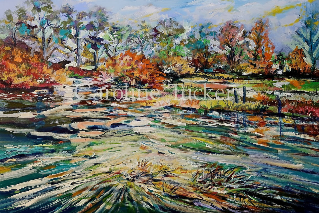 Colorful landscape painting of a river with trees and sky.