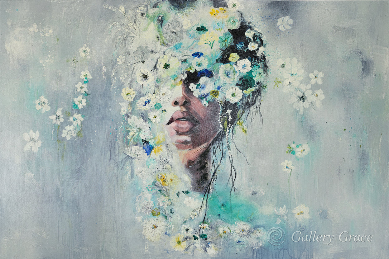 Floral Visage by Cat Tremaine-Tucker - a partially visible face in acrylics and finished in an oil glaze.