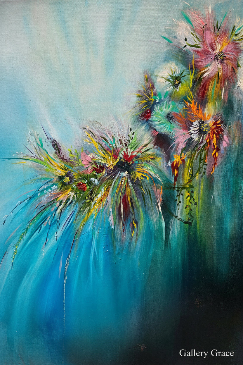 Abstract painting of colorful flowers on a blue background