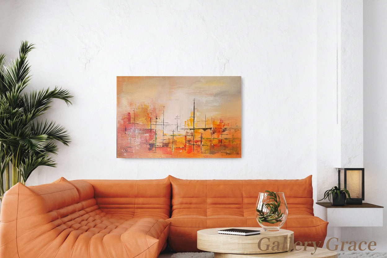 Sunrise Harbour by Cat Tremaine-Tucker - The painting is an abstract painting featuring a warm color palette dominated by shades of orange, yellow, and red. The background is a blend of lighter hues, creating a soft, atmospheric effect.