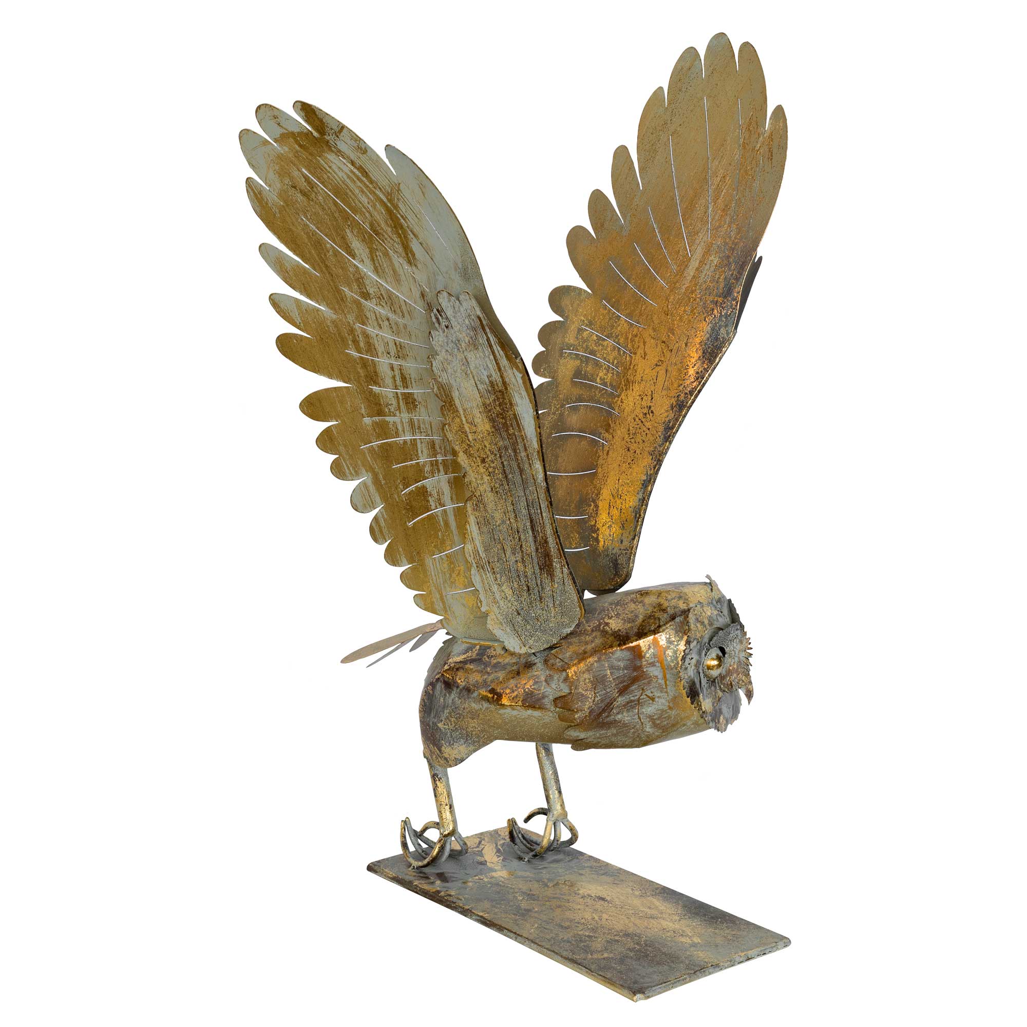 Metal owl sculpture with open wings on a white background